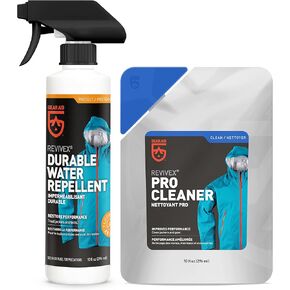 GEAR AID Care Kit with Revivex Pro Cleaner, Revivex Wash-in Water Repellent and Tenacious Tape Mini Patches, Clear, Two 10 oz Packs