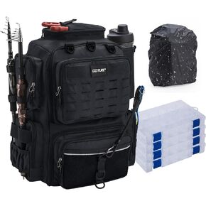 Goture Fishing Backpack with 4 Tackle Boxes,Fishing Tackle Backpack with Rod Holders,600D Large Fishing Bag Storage Fishing Gear Tackle Bag with 8 Lure Pockets,Rain Cover for Camping Hiking