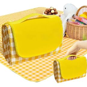 Oversized Outdoor Picnic Blanket Waterproof Folding Weight Light Tote Bag with White and Yellow Stripes Perfect for Beach Lawn Party Parties (White and Yellow Stripes)... (40‘’×60‘’)