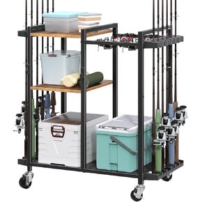 حامل صنارة الصيد مع عجلات، عربة رف قصبة الصيد المتحركة لـ 12 صنارة، منظم تخزين معدات الصيد ومعدات الصيد من 3 طبقات لغرفة المعيشة في المرآب، بني ريفي FRHR22201 in Kuwait