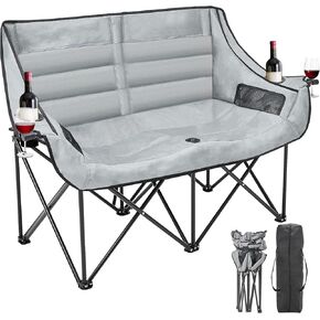 Double Camping Chair for Adults, 2 Person Loveseat Camping Chair with Cup & Wine Glass Holder, Portable Padded Double Folding Chair for Outdoor Camp Lawn Picnic Sports, Support 600LBS (Grey)