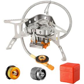 Camping Stove 6800W, Mini Camping Stove with Piezo Ignition,3-Core Split Windproof Camp Stove,1LB Propane Tank Adapter, Camping Stove Propaner for Outdoor Cooking