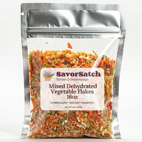 SavorSatch Dehydrated Mixed Vegetable Flakes - 16oz Resealable Pouch | Bulk Pack | GMO-Free & Wheat Gluten-Free | Carrot, Onion, Celery, Tomato, Bell Pepper | No Added Salt | Certified Kosher | Perfect for Soups, Stews, Ramen, Emergency Supply, Backpackin