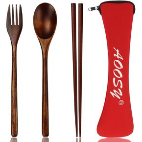 Wooden Spoon and Fork Set, Flatware Set, AOOSY Nanmu Wood Fork Spoon Chopsticks Travel Flatware Set Tableware with Bag, Brown Color