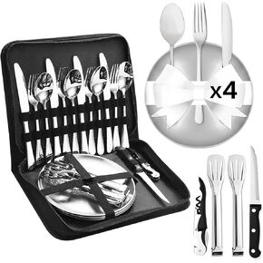 Camping Dishes Set for 4, 20PCS Camping Plates and Utensils with Camp Organizer Camping Dinnerware Set for 4, Camping Tableware Stainless Steel Camping Plates for Camping/Picnic/Hiking