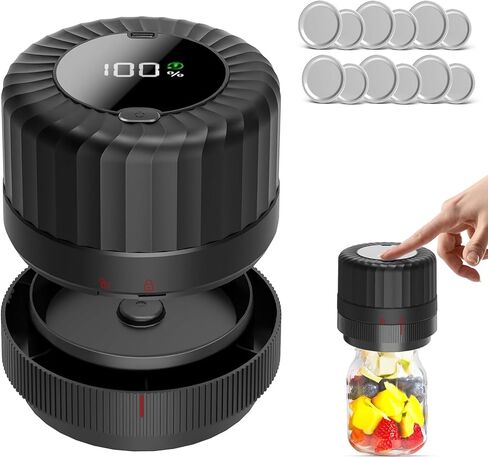 سدادة مكنسة كهربائية من ماسون، ماكينة إغلاق لحفظ الطعام من سينفيترون، مجموعة سدادة كهربائية لاسلكية لبرطمانات ميسون ذات الفم العريض والفم العادي، لتخزين الطعام باللون الأسود... in Kuwait