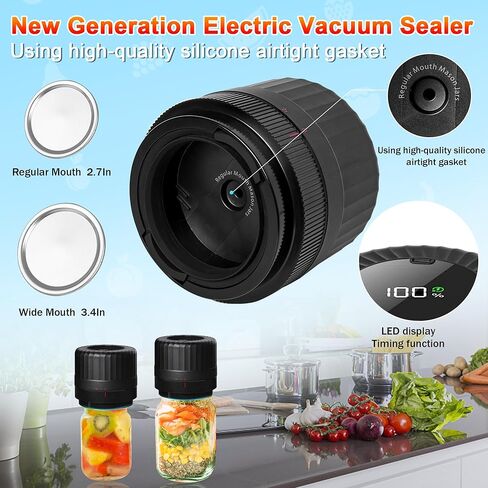 سدادة مكنسة كهربائية من ماسون، ماكينة إغلاق لحفظ الطعام من سينفيترون، مجموعة سدادة كهربائية لاسلكية لبرطمانات ميسون ذات الفم العريض والفم العادي، لتخزين الطعام باللون الأسود... in Kuwait