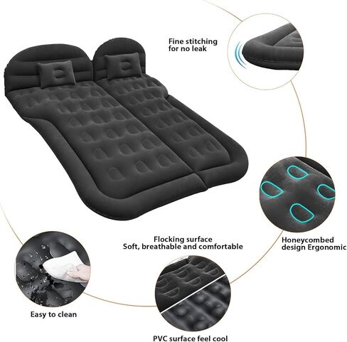 SUV Air Mattress Car Camping Travel Bed, Thickened Inflatable Mattress with Two Air Pillow and Car Air Pump, Flocking & PVC Surface, for Travel, Hiking, Full Size Blow Up Sleeping Pad(Black) in Saudi Arabia