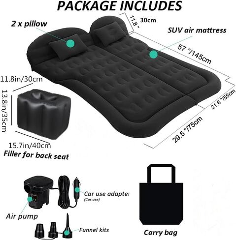 SUV Air Mattress Car Camping Travel Bed, Thickened Inflatable Mattress with Two Air Pillow and Car Air Pump, Flocking & PVC Surface, for Travel, Hiking, Full Size Blow Up Sleeping Pad(Black) in Saudi Arabia
