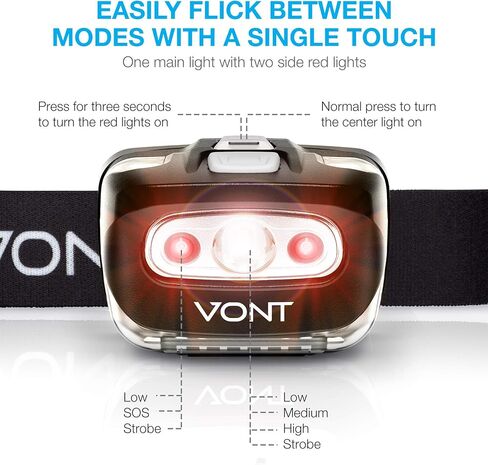 Vont LED Headlamp [Batteries Included, 2 Pack] IPX5 Waterproof, with Red Light, 7 Modes, Head Lamp, for Running, Camping, Hiking, Fishing, Jogging, Headlight for Adults & Kids, Red (Rechargeable) in Saudi Arabia