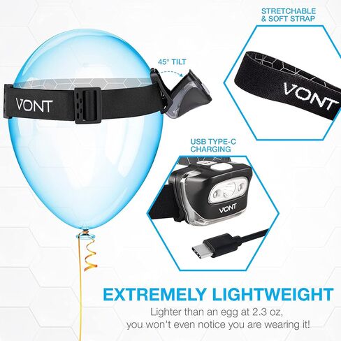 Vont LED Headlamp [Batteries Included, 2 Pack] IPX5 Waterproof, with Red Light, 7 Modes, Head Lamp, for Running, Camping, Hiking, Fishing, Jogging, Headlight for Adults & Kids, Red (Rechargeable) in Saudi Arabia