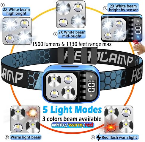 مصباح أمامي قابل لإعادة الشحن، قطعتان من مصباح يدوي 1500 لومن مصباح رأس ساطع LED أبيض وأحمر دافئ، مستشعر حركة مقاوم للماء للمصباح الأمامي - أساسيات التخييم، معدات النجاة للمشي لمسافات طويلة، صيد الأسماك، مستلزمات الطوارئ in Kuwait