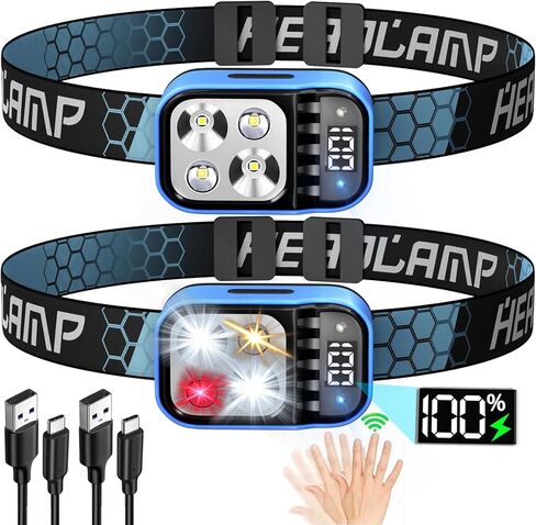 مصباح أمامي قابل لإعادة الشحن، قطعتان من مصباح يدوي 1500 لومن مصباح رأس ساطع LED أبيض وأحمر دافئ، مستشعر حركة مقاوم للماء للمصباح الأمامي - أساسيات التخييم، معدات النجاة للمشي لمسافات طويلة، صيد الأسماك، مستلزمات الطوارئ in Kuwait