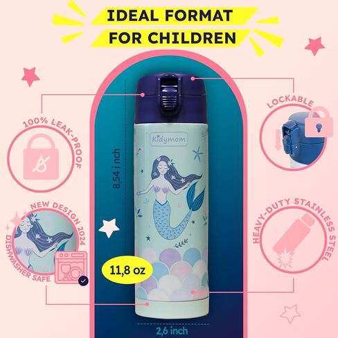 Stainless Steel Water Bottle Kids 12 oz With Carrying Pouch| Insulated Water Bottle For Kid, Toddler, Girls, Boys or Teen | Leakproof, BPA-Free | Little Metal Tumbler for School | Mermaid Girl in Saudi Arabia
