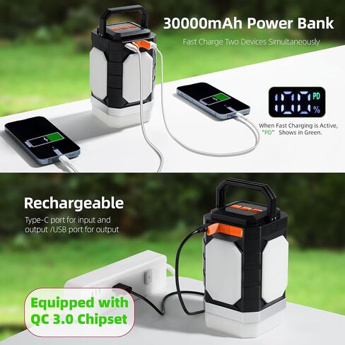 Sinvitron 30000mAh Camping Lights - Rechargeable Lantern - 1000LM Camping Lantern, QC 3.0 Fast Charging, Up to 350H+ Running, IPX5 Waterproof , Lanterns for Power Outages,Hiking,Fishing (Black&Org) in Saudi Arabia