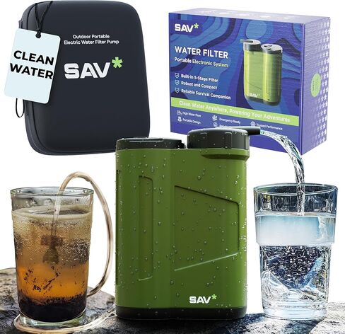فلتر المياه المحمول SAV® - 0.01 ميكرون، سعة الشحن 120 لتر/الشحن، ترشيح 5 طبقات - منقي المياه الكهربائي مع بوصلة وضوء - فلتر مياه للتخييم أثناء السفر، المشي لمسافات طويلة، حقيبة الظهر in Kuwait