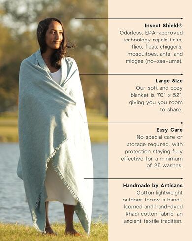 Bug Repellent Tranquil Blanket with Insect Shield Technology Repels Mosquitoes, Ticks, Flies and More in One of a Kind Handmade Khadi Cotton (Teal) in Kuwait