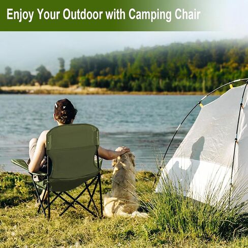 Folding Camping Collapsible Chairs Heavy Duty Lawn Chair with Cooler Bag, Storage Pocket, Waterproof Bag Outdoor Arm Chair, Supports 225LBS, Green in Saudi Arabia