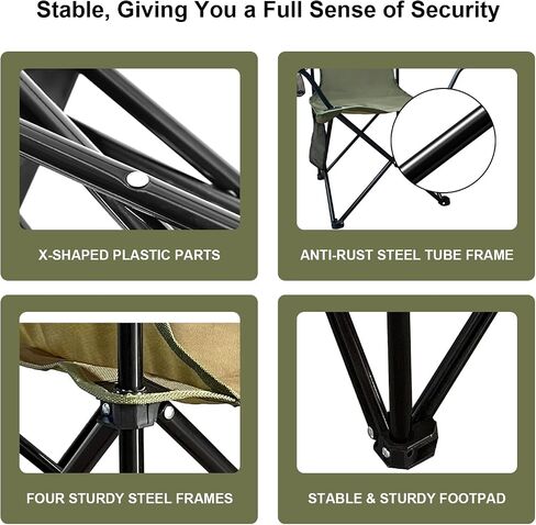 Folding Camping Collapsible Chairs Heavy Duty Lawn Chair with Cooler Bag, Storage Pocket, Waterproof Bag Outdoor Arm Chair, Supports 225LBS, Green in Saudi Arabia