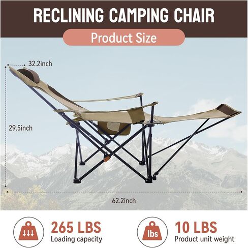 Reclining Camping Chair with Footrest, Folding Lawn Chair with Detachable Headrest, Folding Lounge Chairs for Camping, Beach, Outdoor Activities in Saudi Arabia