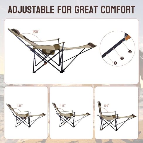 Reclining Camping Chair with Footrest, Folding Lawn Chair with Detachable Headrest, Folding Lounge Chairs for Camping, Beach, Outdoor Activities in Saudi Arabia