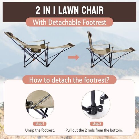Reclining Camping Chair with Footrest, Folding Lawn Chair with Detachable Headrest, Folding Lounge Chairs for Camping, Beach, Outdoor Activities in Saudi Arabia