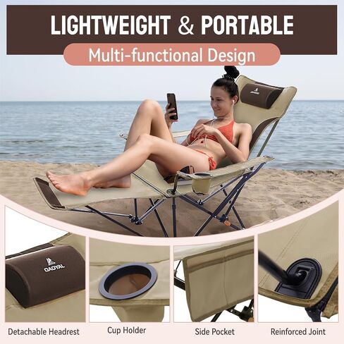 Reclining Camping Chair with Footrest, Folding Lawn Chair with Detachable Headrest, Folding Lounge Chairs for Camping, Beach, Outdoor Activities in Saudi Arabia