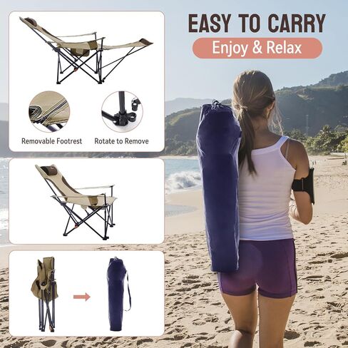 Reclining Camping Chair with Footrest, Folding Lawn Chair with Detachable Headrest, Folding Lounge Chairs for Camping, Beach, Outdoor Activities in Saudi Arabia