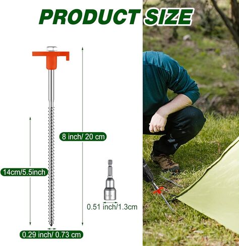 Tandefio 20 Pcs 8 Inch Tent Stakes Screw in Heavy Duty Metal Tent Stakes Screws Hex Pegs Drillable Tent Stakes Ground Anchor Peg Threaded Tent Spike with Hex Head Driver (Illuminant White) in Saudi Arabia