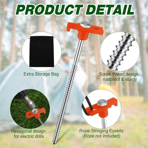 Tandefio 20 Pcs 8 Inch Tent Stakes Screw in Heavy Duty Metal Tent Stakes Screws Hex Pegs Drillable Tent Stakes Ground Anchor Peg Threaded Tent Spike with Hex Head Driver (Illuminant White) in Saudi Arabia