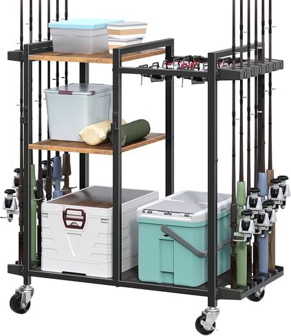 حامل صنارة الصيد مع عجلات، عربة رف قصبة الصيد المتحركة لـ 12 صنارة، منظم تخزين معدات الصيد ومعدات الصيد من 3 طبقات لغرفة المعيشة في المرآب، بني ريفي FRHR22201 in Kuwait