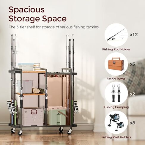 حامل صنارة الصيد مع عجلات، عربة رف قصبة الصيد المتحركة لـ 12 صنارة، منظم تخزين معدات الصيد ومعدات الصيد من 3 طبقات لغرفة المعيشة في المرآب، بني ريفي FRHR22201 in Kuwait
