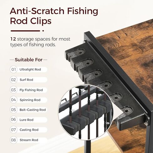 حامل صنارة الصيد مع عجلات، عربة رف قصبة الصيد المتحركة لـ 12 صنارة، منظم تخزين معدات الصيد ومعدات الصيد من 3 طبقات لغرفة المعيشة في المرآب، بني ريفي FRHR22201 in Kuwait