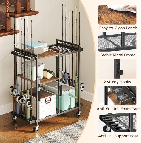 حامل صنارة الصيد مع عجلات، عربة رف قصبة الصيد المتحركة لـ 12 صنارة، منظم تخزين معدات الصيد ومعدات الصيد من 3 طبقات لغرفة المعيشة في المرآب، بني ريفي FRHR22201 in Kuwait