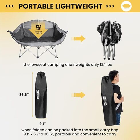 WILDROOTS Outdoor Folding Double Camping Chair Adults 2 Person,Heavy Duty 600 LBS Loveseat with 2 Cup Holder,Portable Carry Bag Included for Camping,Lawn,Backyard,Movie in Saudi Arabia