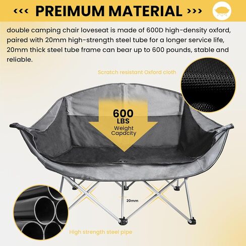 WILDROOTS Outdoor Folding Double Camping Chair Adults 2 Person,Heavy Duty 600 LBS Loveseat with 2 Cup Holder,Portable Carry Bag Included for Camping,Lawn,Backyard,Movie in Saudi Arabia