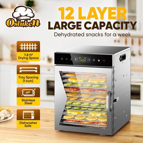 Food Dehydrator Machine 800W, 12 Stainless Steel Trays, LED Display Dehydrated Dryer with 12H Timer & 86°F-194°F Temperature Control for Beef Jerky, Meat, Fruit, Herb, Veggies, Recipe Book in Saudi Arabia