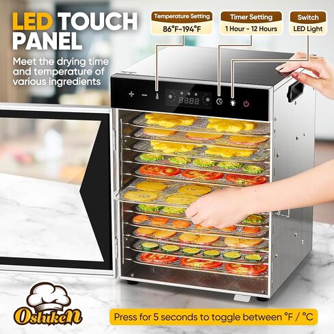 Food Dehydrator Machine 800W, 12 Stainless Steel Trays, LED Display Dehydrated Dryer with 12H Timer & 86°F-194°F Temperature Control for Beef Jerky, Meat, Fruit, Herb, Veggies, Recipe Book in Saudi Arabia