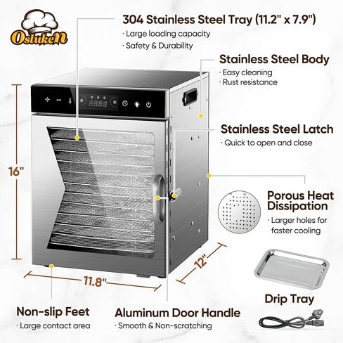 Food Dehydrator Machine 800W, 12 Stainless Steel Trays, LED Display Dehydrated Dryer with 12H Timer & 86°F-194°F Temperature Control for Beef Jerky, Meat, Fruit, Herb, Veggies, Recipe Book in Saudi Arabia