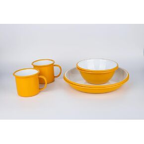Lost & Found Lost 6 Piece Premium Enamelware Bowl Plate Mug Outdoor Dining Set Camping Hiking Vanlife (Campfire Yellow)