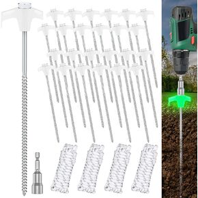 24 Pack Tent Stakes Heavy Duty, 12 Inch Metal Stakes for Ground, Non-Rust Screw in Tent Stakes with 4 x 10ft Ropes & Hex Head Driver, Tent Pegs for Camping, Patio, Garden, Canopies, Outdoor
