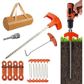12 Pack Tent Stakes Heavy Duty, Screw in Tent Stakes Heavy Duty, Metal Tent Stakes, 8" Tent Pegs, Camping Stakes, with 1 Hex Head Driver, 1Stopper T Pull Hook, with 4 X 13ft Ropes,Storage Box (B1)