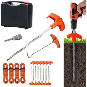 12 Pack Tent Stakes Heavy Duty, Screw in Tent Stakes Heavy Duty, Metal Tent Stakes, 8" Tent Pegs, Camping Stakes, with 1 Hex Head Driver, 1Stopper T Pull Hook, with 4 X 13ft Ropes,Storage Box (B1)