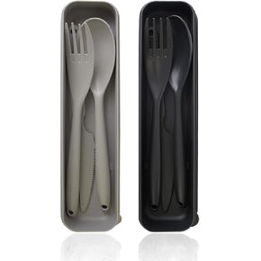 Large Reusable Utensils Set with Case, 2Pack Big Camping Utensil Set, Plastic Cutlery Set Forks Spoon Tableware Chopsticks,Portable Cutlery Set for Travel Picnic Camping or Daily Use(Grey+ Black)