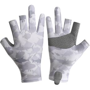 Camo Ice Silk Fishing Gloves for Men Women, 3 Finger Cut Anti-slip Kayaking Gloves Sea Fishing Gloves, UPF 50+ Sun UV Protection Fingerless Gloves for Paddling, Rowing, Canoeing, Hunting