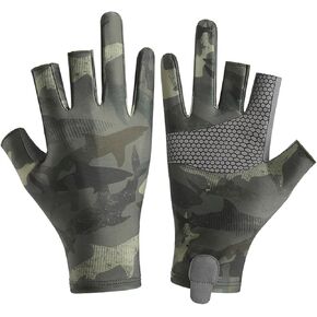 Camo Ice Silk Fishing Gloves for Men Women, 3 Finger Cut Anti-slip Kayaking Gloves Sea Fishing Gloves, UPF 50+ Sun UV Protection Fingerless Gloves for Paddling, Rowing, Canoeing, Hunting