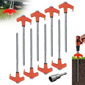 8"" Screw in Tent Stakes - Ground Anchors Screw in, 2024 Upgraded Drillable Tent Stakes, Heavy Duty Metal Stake Ground Anchor Peg Threaded Tent Spikes with 1 Hex Head Driver, orange