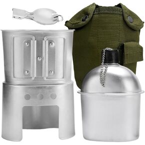 BeGrit Military Canteen Army Canteen WWII US G.I. Style Canteen Kit with Aluminum Cup Stove Stainless Steel Spoon Fork for Hiking Backpacking Camping