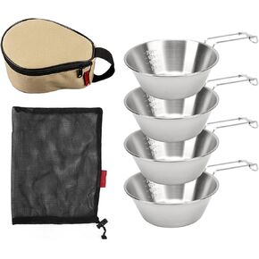 Sierra Cup Camping, 4Pcs Stainless Steel Cookware Set with Anti Hot Handle and Storage Case for Hiking, Travel, Picnic, Heatable Soup Cup, Traditional Korean Tableware Bowl Outdoor Cooking
