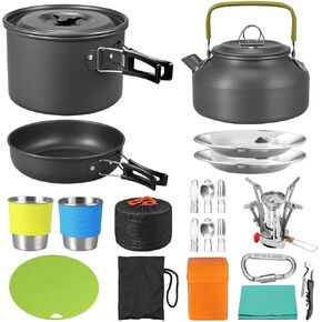 21pcs Camping Cookware Mess Kit for 2 people, Camping Pots and Pans Set with Mini Stove Stainless Steel Utensils, Lightweight, camp cooking set for Camping, Backpacking, Outdoor Cooking